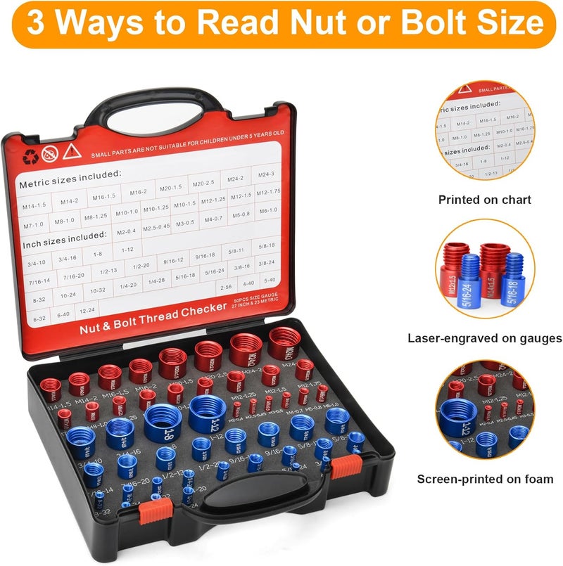 Comfylichi 50 Pcs Nut and Bolt Thread Checker - 27 Standard & 23 Metric, Detachable Bolt Size Finder Tool, Screw and Nut Identifier Thread Gauge Especially for Tight Spaces - Image 5